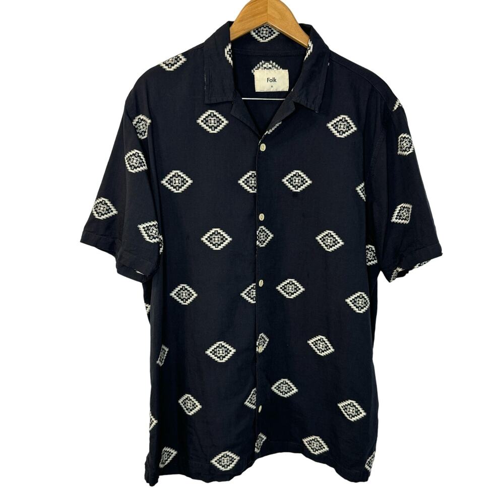 Folk Clothing Camp Collar Ryder Shirt Navy White Cuban Aztec Men's XL